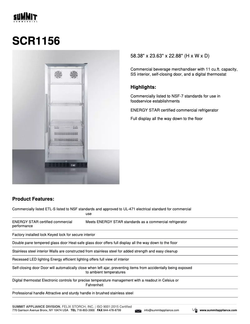 Page 1 de la notice Fiche technique Summit SCR1156