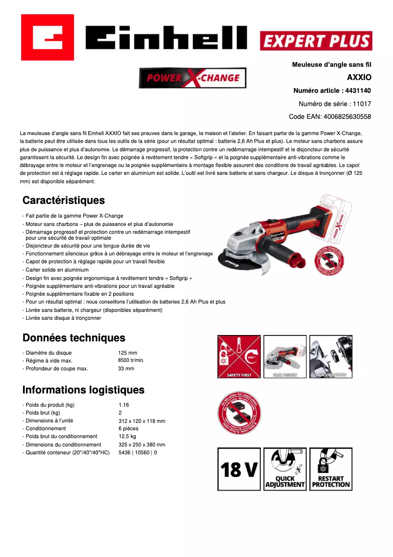 Page n°1 - Fiche technique Einhell AXXIO 18/125