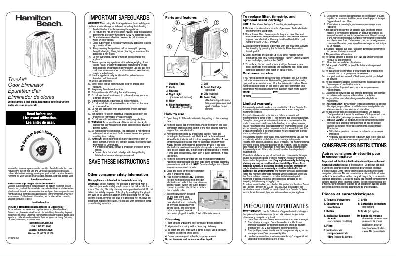 Page n°1 - Manuel utilisateur Hamilton Beach TrueAir 04530G