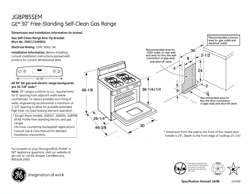 Página 1 del manual Ficha técnica GE JGBP85SEMSS