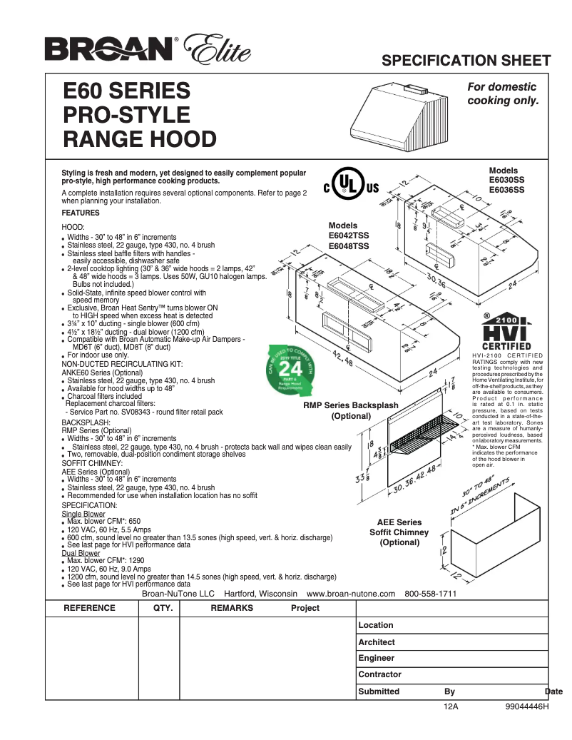 Page 1 de la notice Fiche technique Broan E6042TS