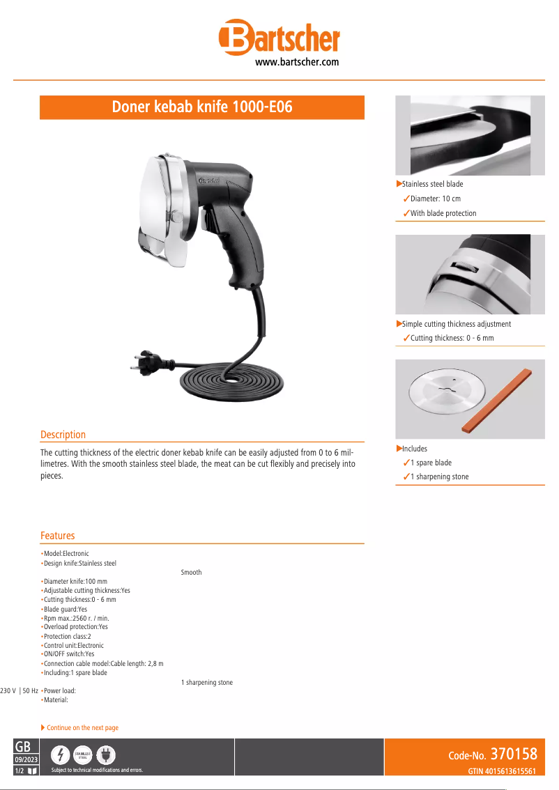 Page 1 de la notice Fiche technique Bartscher 1000-E06