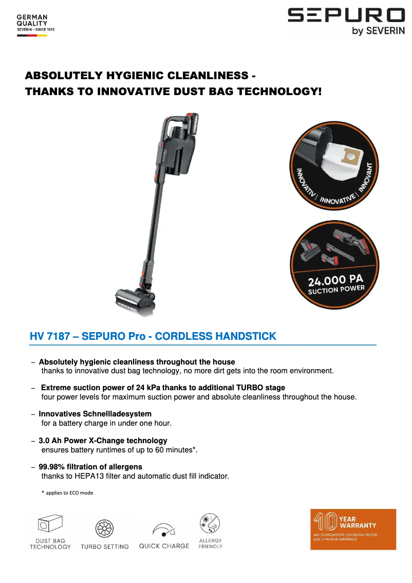 Page 1 de la notice Fiche technique Severin HV 7187