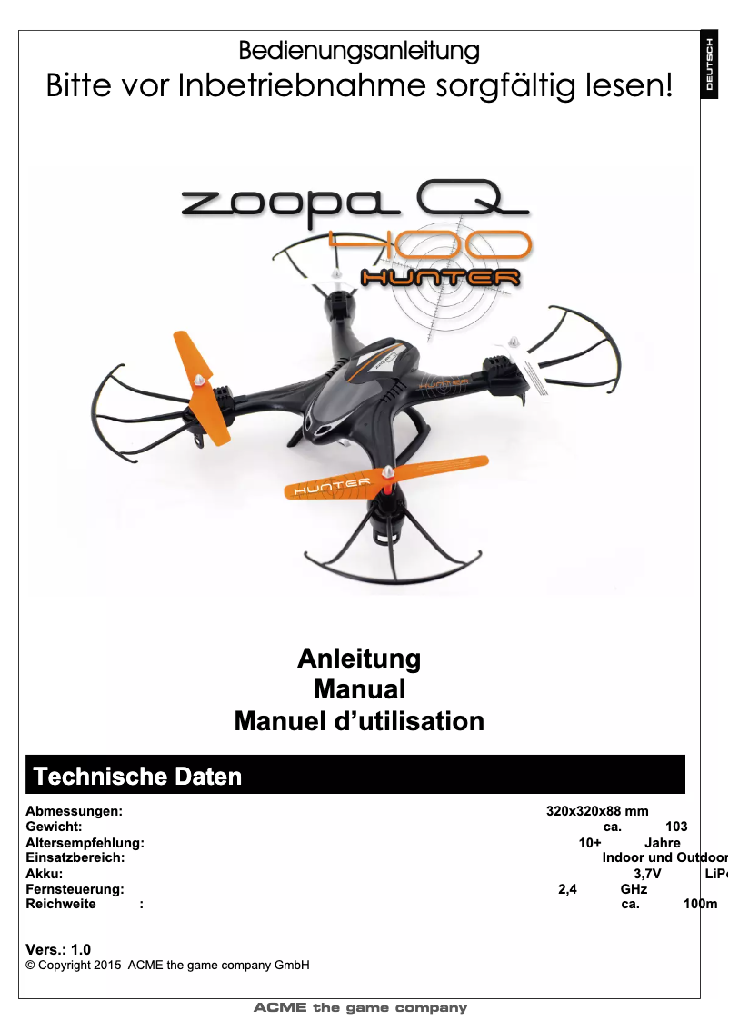 Page n°1 - Manuel utilisateur Acme Made zoopa Q400 HUNTER