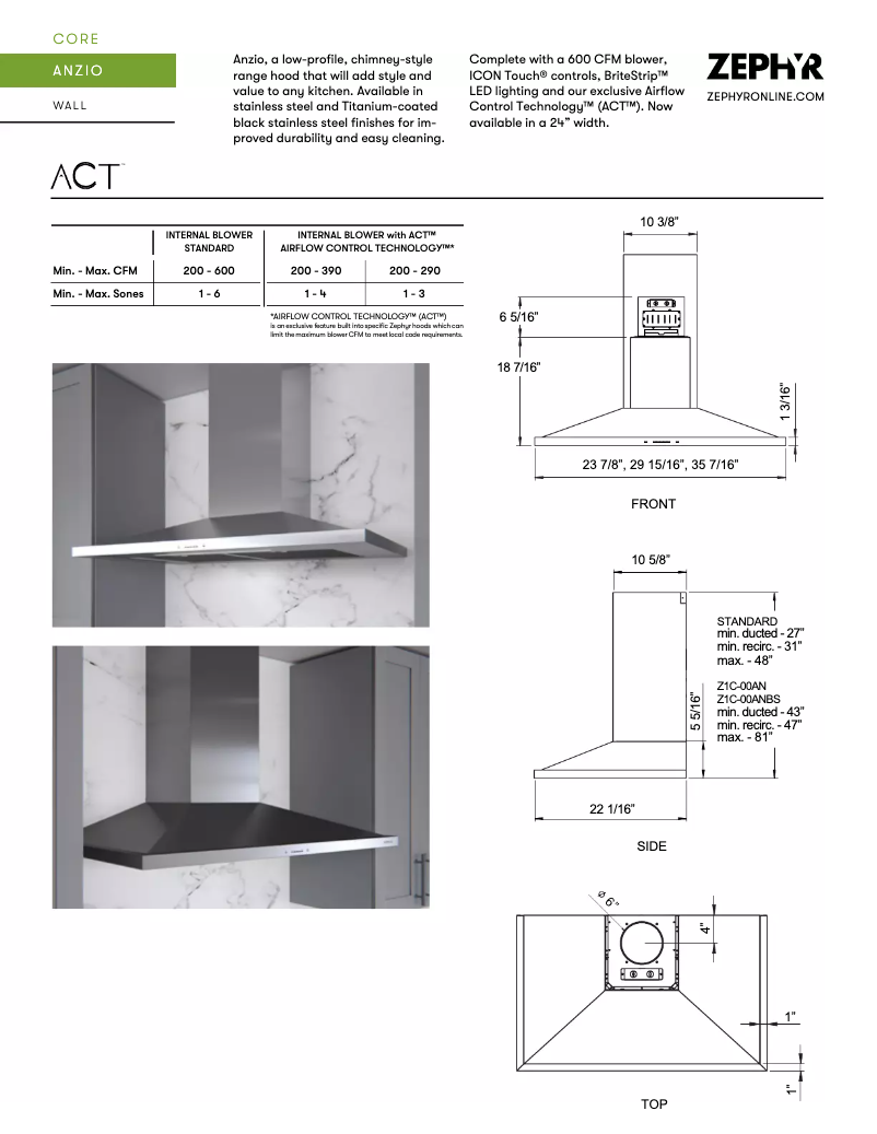 Page 1 de la notice Fiche technique Zephyr ZANE24CS
