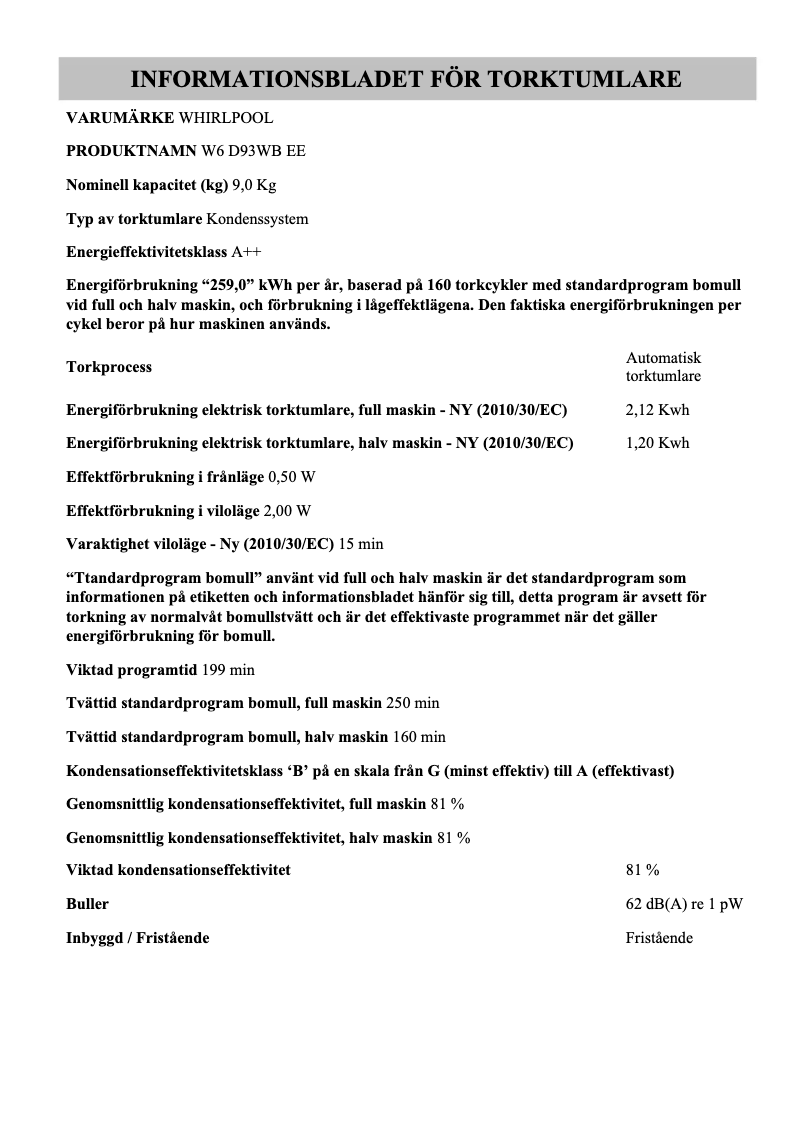 Page n°1 - Label énergétique Whirlpool W6 D93WB EE
