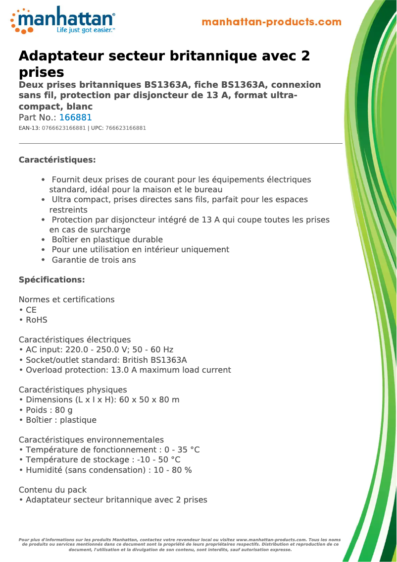 Page 1 de la notice Fiche technique Manhattan 166881