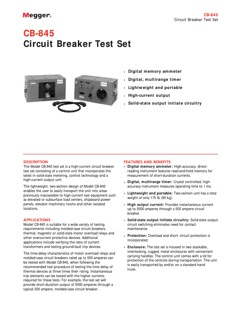 Page 1 de la notice Fiche technique Megger CB-845
