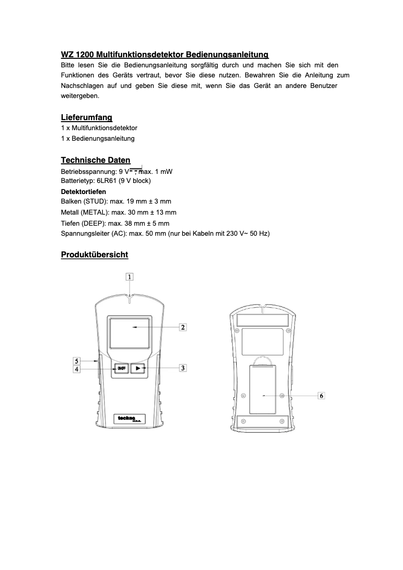 Page 1 de la notice Manuel utilisateur Techno Line WZ 1200