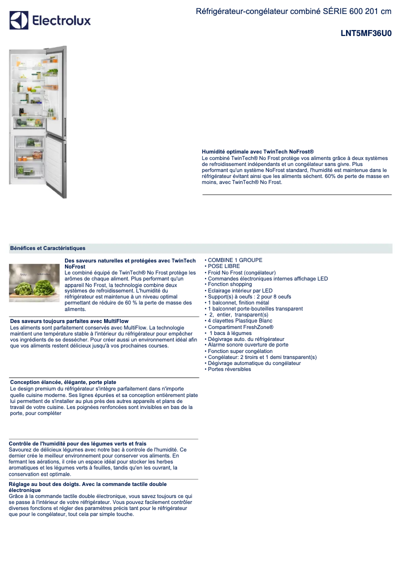 Page 1 de la notice Fiche technique Electrolux LNT5MF36U0