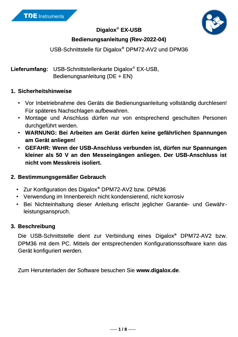 Image de la première page du manuel de l'appareil Digalox EX-USB