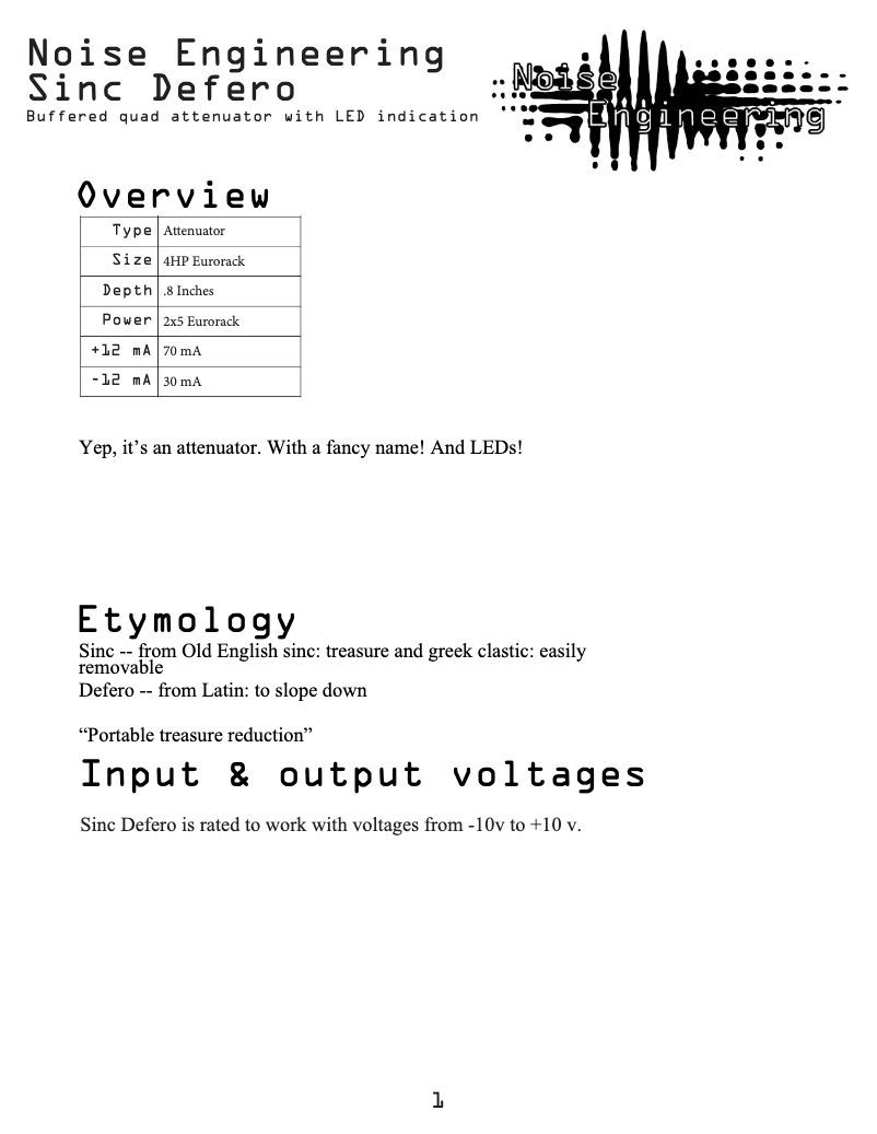 Page 1 de la notice Manuel utilisateur Noise Engineering Sinc Defero