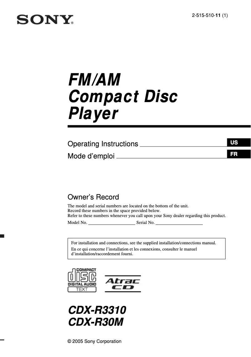 Page 1 de la notice Manuel utilisateur Sony CDX-R3310