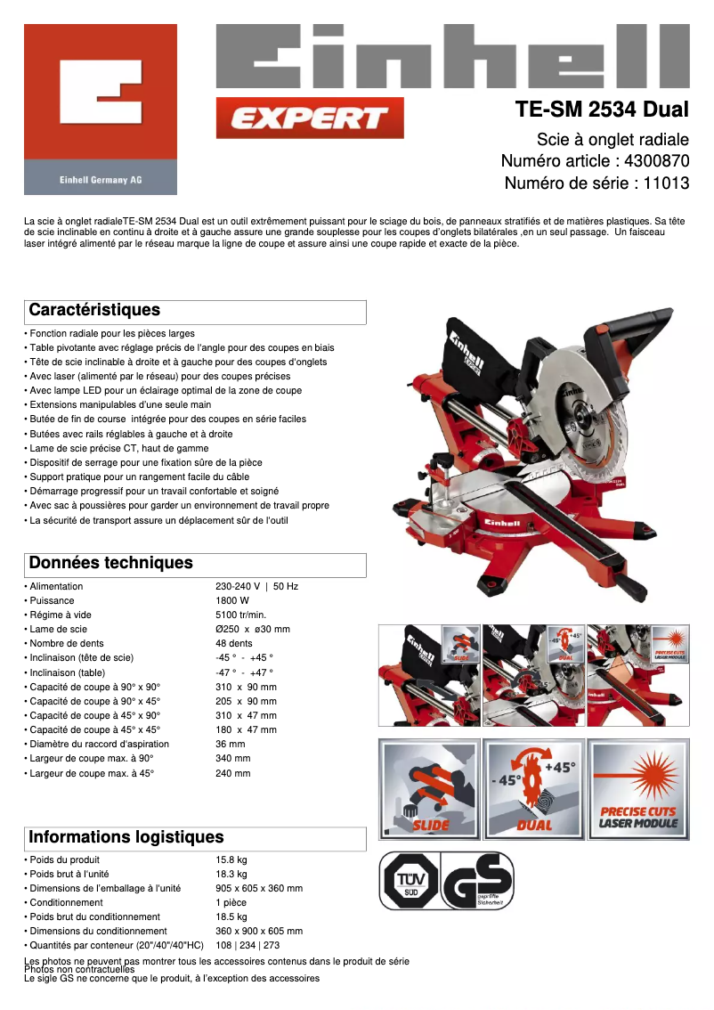 Page n°1 - Fiche technique Einhell TE-SM 2534 Dual