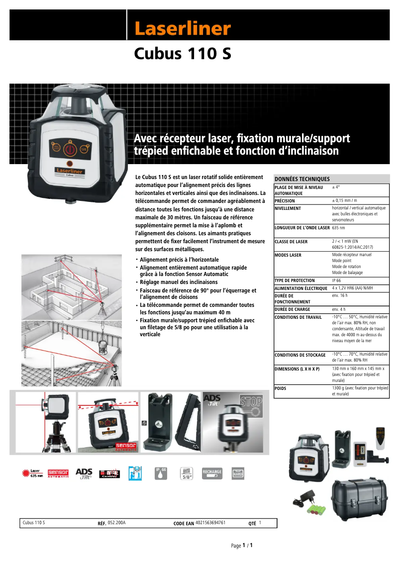 Page 1 de la notice Fiche technique Laserliner Cubus 110 S