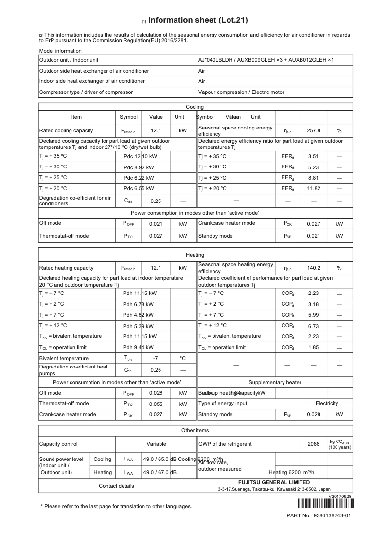 Page 1 de la notice Fiche technique Fujitsu Airstage AJH040LBLDH