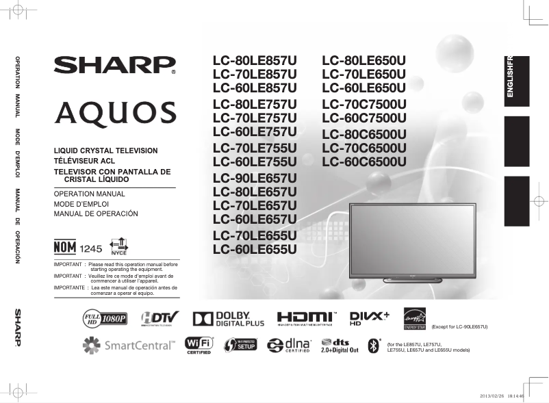 Page n°1 - Manuel utilisateur Sharp Aquos LC-70LE650U