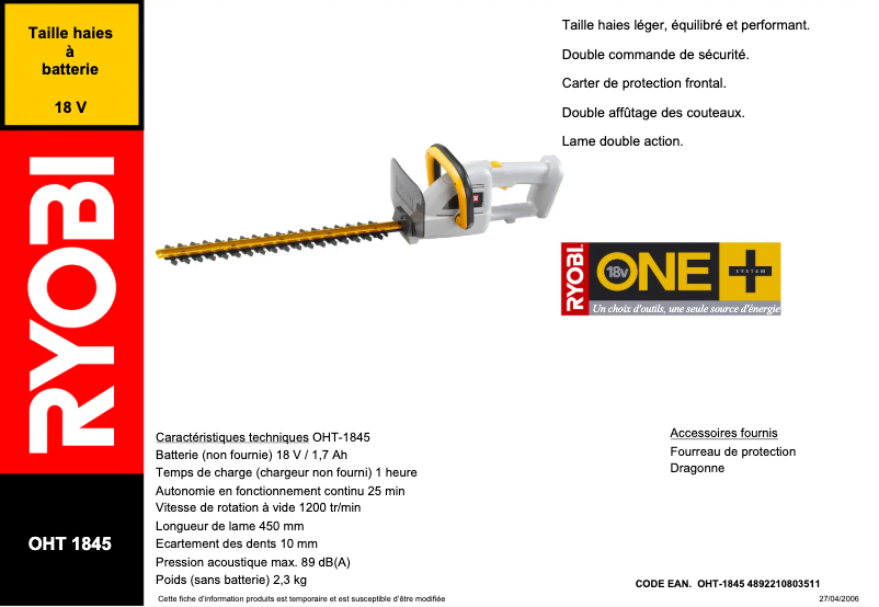 Page n°1 - Fiche technique RYOBI One+ OHT1845
