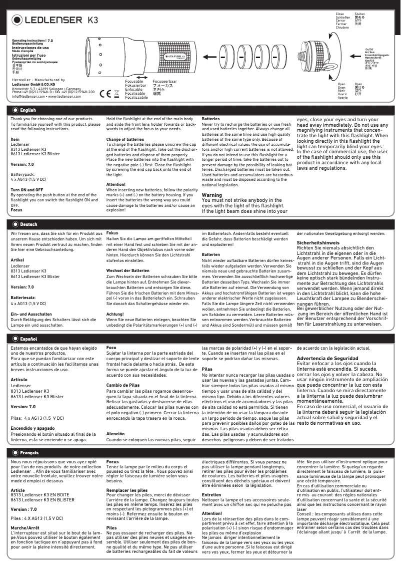 Page 1 de la notice Manuel utilisateur Ledlenser K3