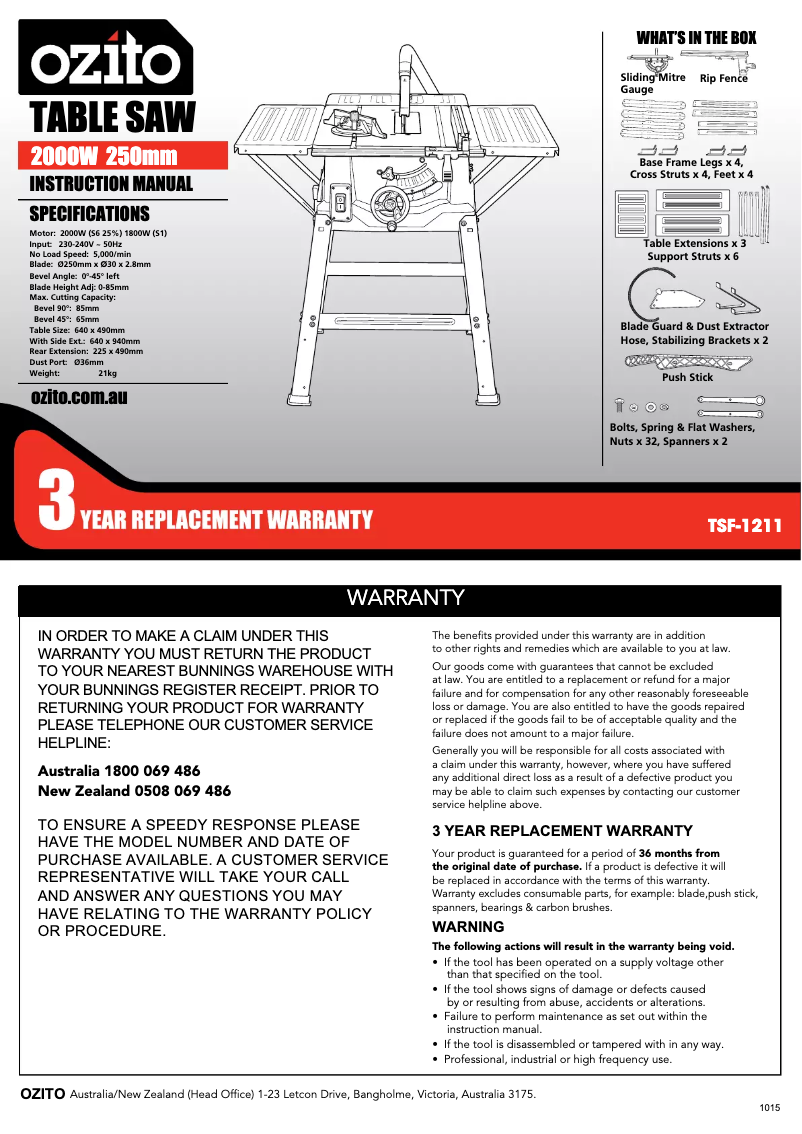 Página 1 del manual Manual de instrucciones Ozito TSF-1211