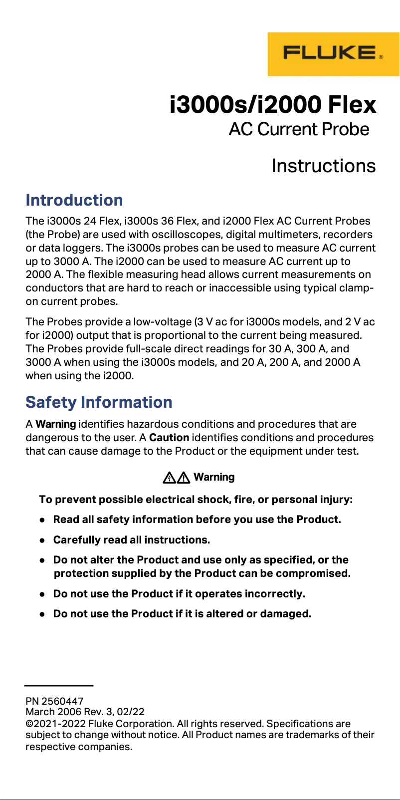 Page n°1 - Instructions / montage Fluke i3000s Flex