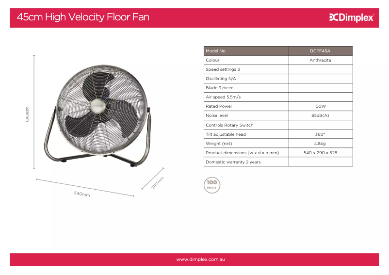 Page 1 de la notice Fiche technique Dimplex DCFF45A