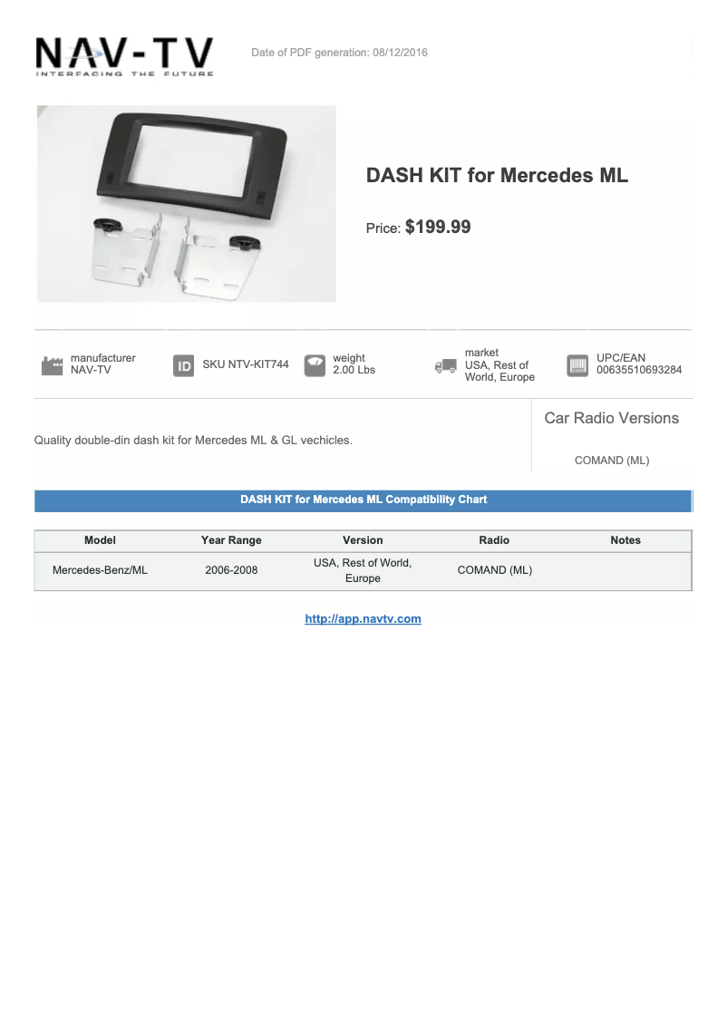 Page n°1 - Manuel utilisateur NAV-TV Dash Kit NTV-KIT744