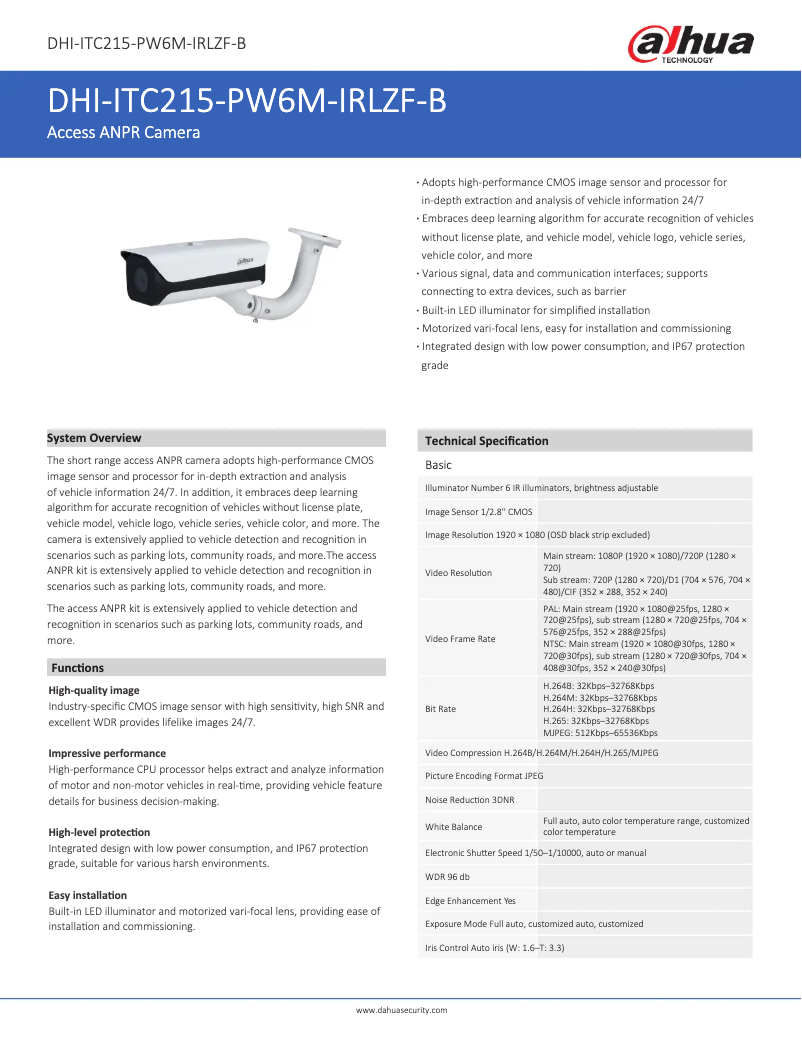 Page 1 de la notice Fiche technique Dahua Technology ITC215-PW6M-IRLZF-B
