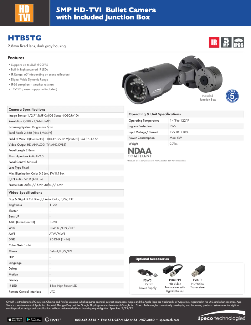 Page 1 de la notice Fiche technique Speco Technologies HTB5TG