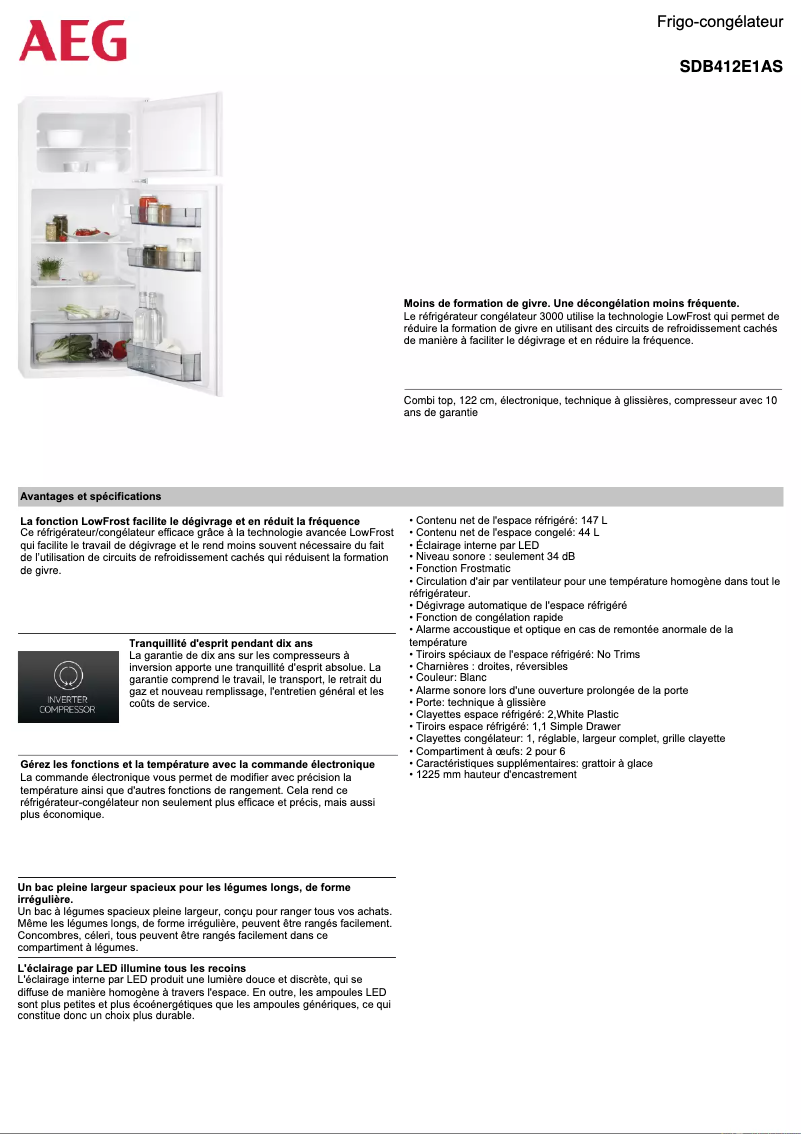 Page 1 de la notice Fiche technique AEG SDB412E1AS