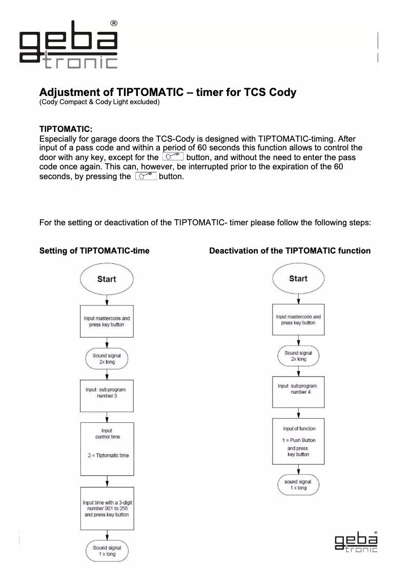 Page 1 de la notice Manuel utilisateur Geba Tronic TCS Cody - TIPTOMATIC timer