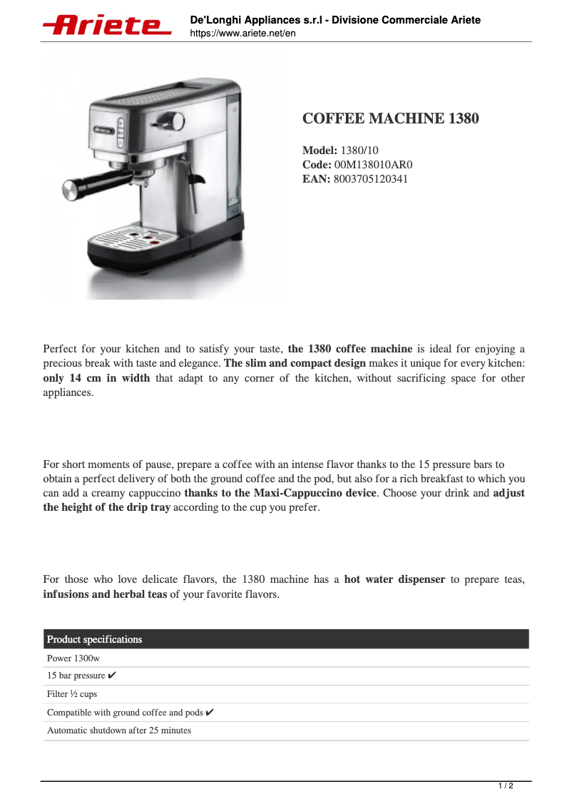 Page n°1 - Fiche technique Ariete 1380