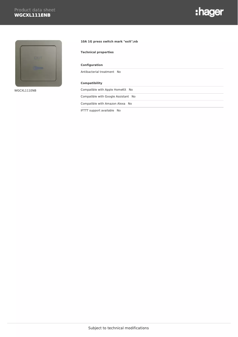 Page 1 de la notice Fiche technique Hager WGCXL111ENB