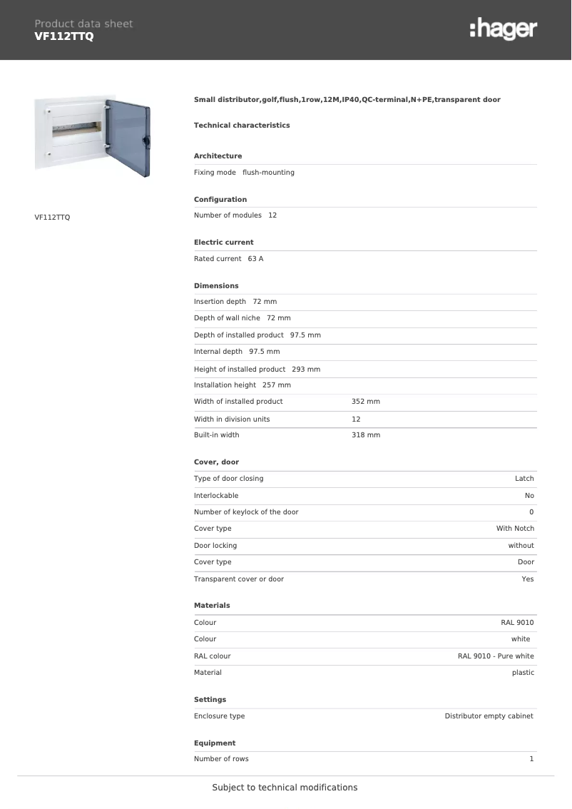 Page n°1 - Fiche technique Hager VF112TTQ