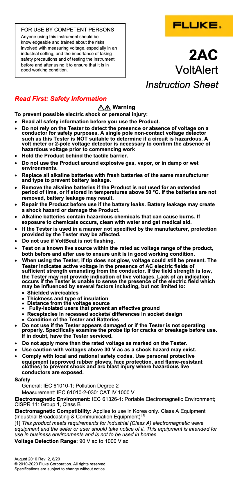 Page n°1 - Instructions / montage Fluke 2AC