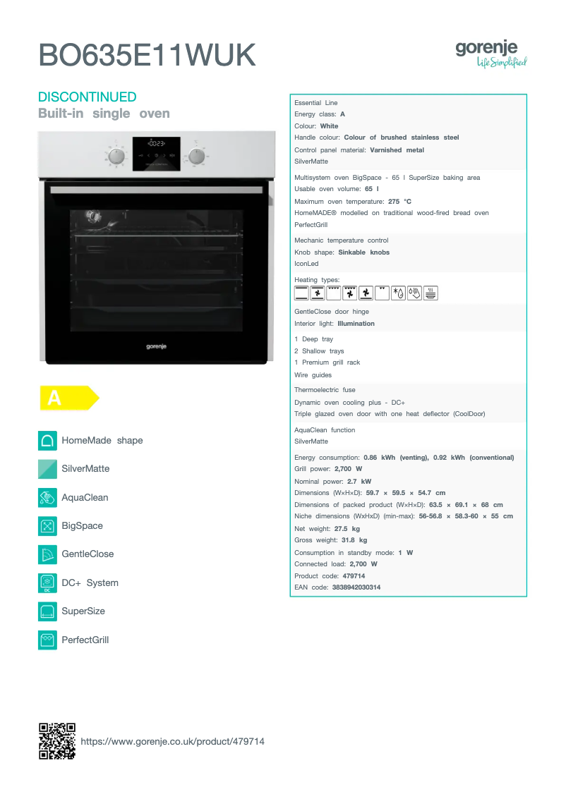 Page n°1 - Fiche technique Gorenje BO635E11WUK