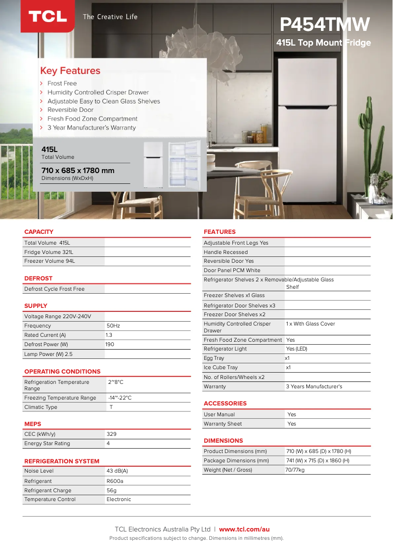 Page n°1 - Fiche technique TCL P454TMW