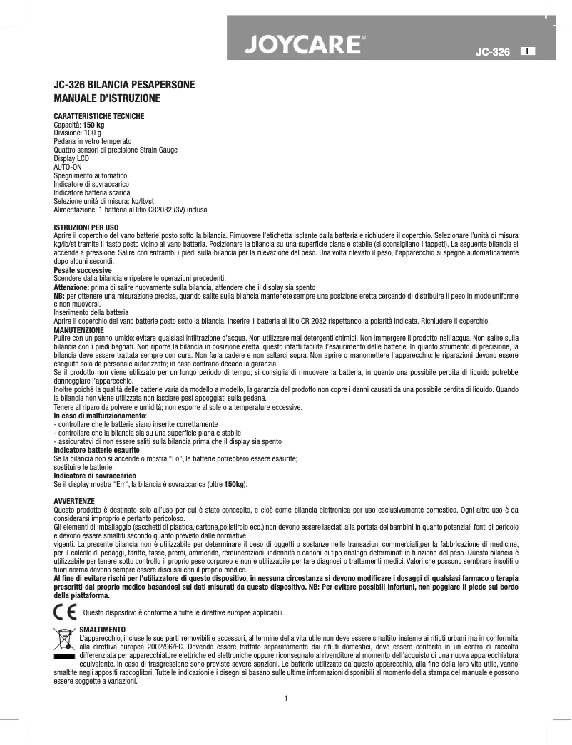 Page 1 de la notice Manuel utilisateur Joycare JC-326