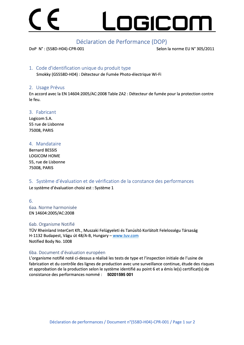 Page 1 de la notice Manuel utilisateur Logicom Smoky