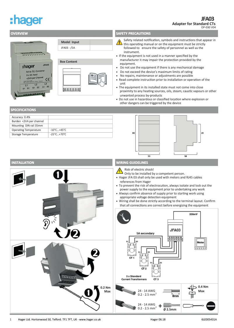 Page 1 de la notice Manuel utilisateur Hager JFA03