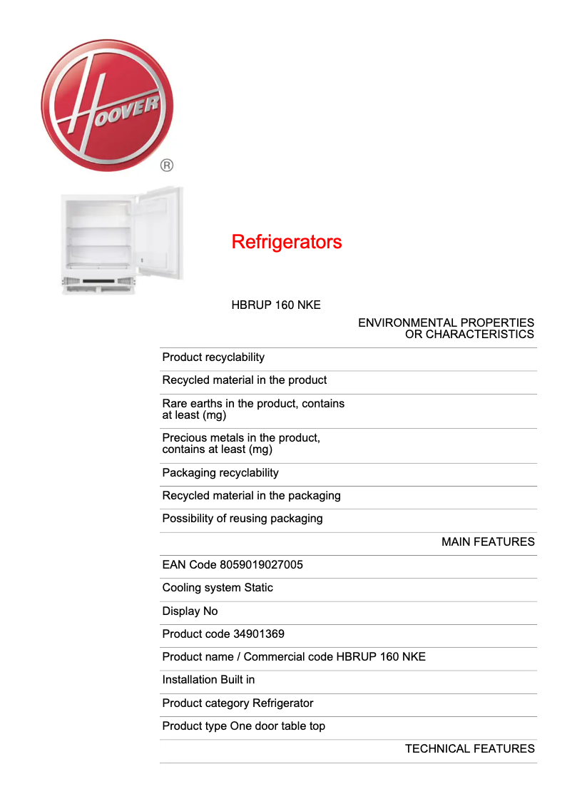 Página 1 del manual Ficha técnica Hoover HBRUP 160 NKE