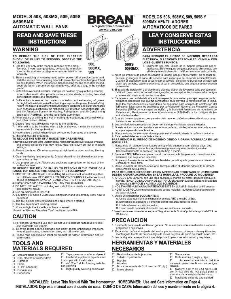 Página 1 del manual Guía de instalación Broan 508