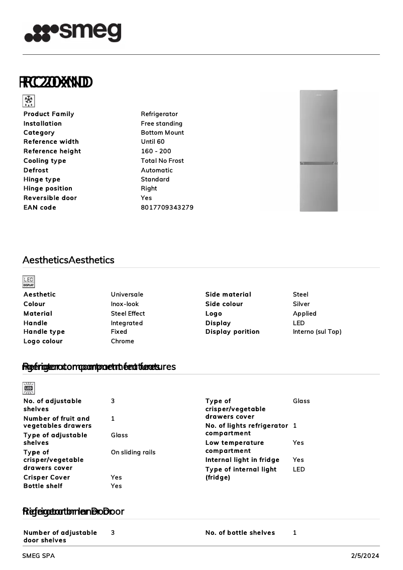 Page n°1 - Fiche technique Smeg RC20XND