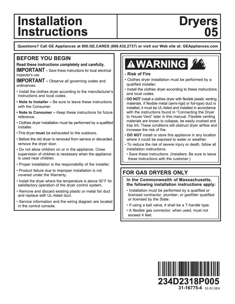 Page n°1 - Guide d'installation GE GTD75ECPLDG