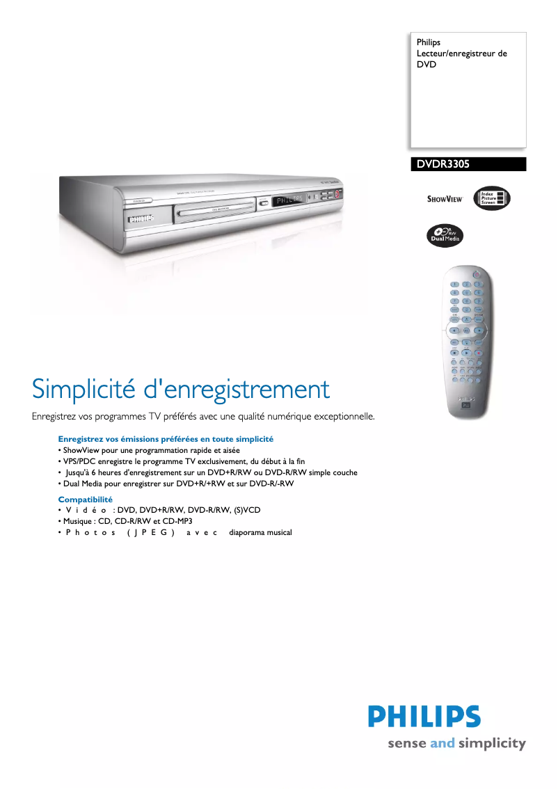 Página 1 del manual Ficha técnica Philips DVDR3305