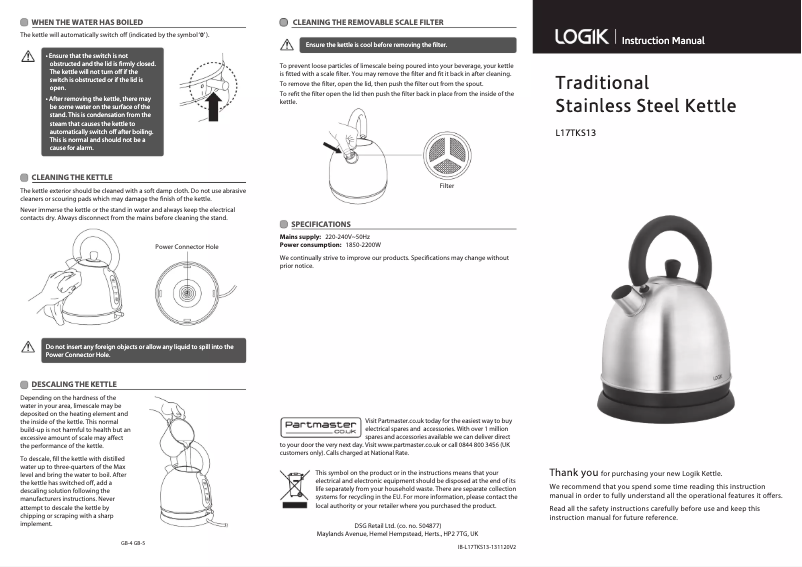 Page 1 de la notice Manuel utilisateur Logik L17TKS13