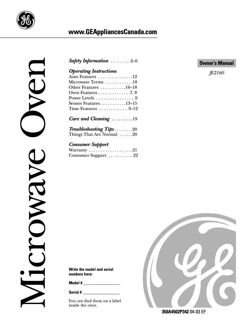 Page 1 de la notice Mode d'emploi GE Profile JE2160WF