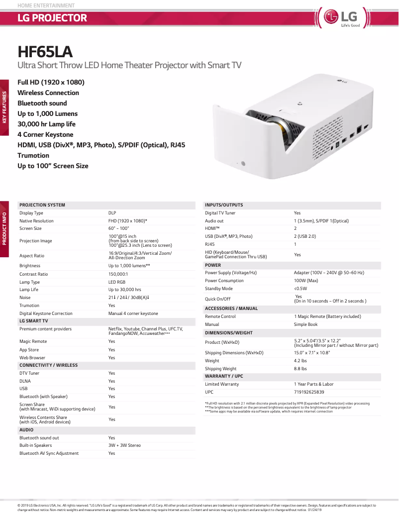 Page n°1 - Fiche technique LG HF65LA