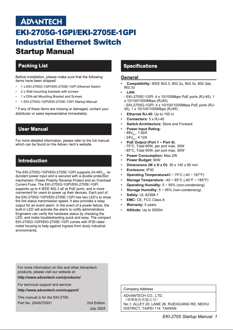 Page n°1 - Manuel utilisateur Advantech EKI-2705G-1GPI-A