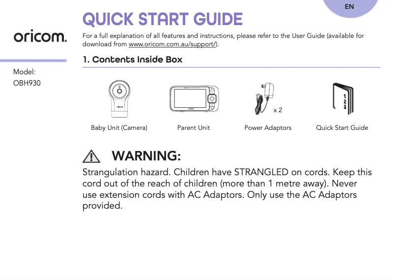 Page 1 de la notice Guide de démarrage rapide Oricom OBH930